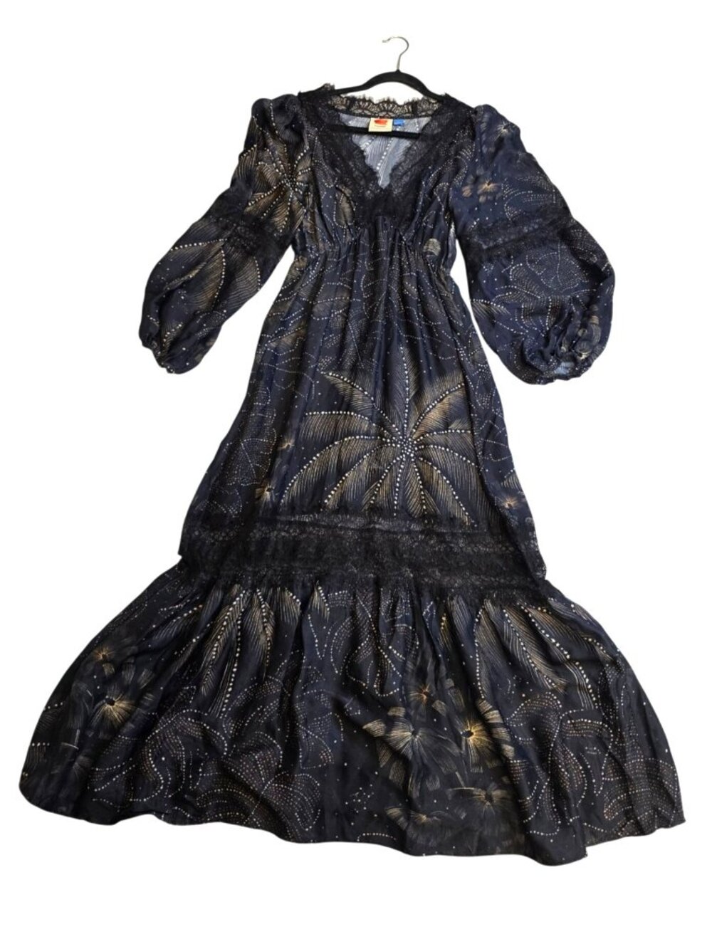 Farm Rio Anthropologie XS Black Metallic Tropical Print Midi Dress Balloon Stars - Picture 2 of 11